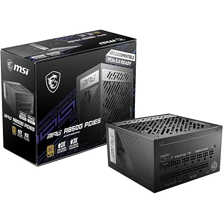 MSI MPG A850G PCIE5 - Fuente de alimentación (850 W, Certificado 80 Plus, ATX 3.0, Compatible con PCIe 5.0 GPU, condensadores japoneses de 105 °C, Modo 0% RPM, Cable Plano, 10 años de garantía