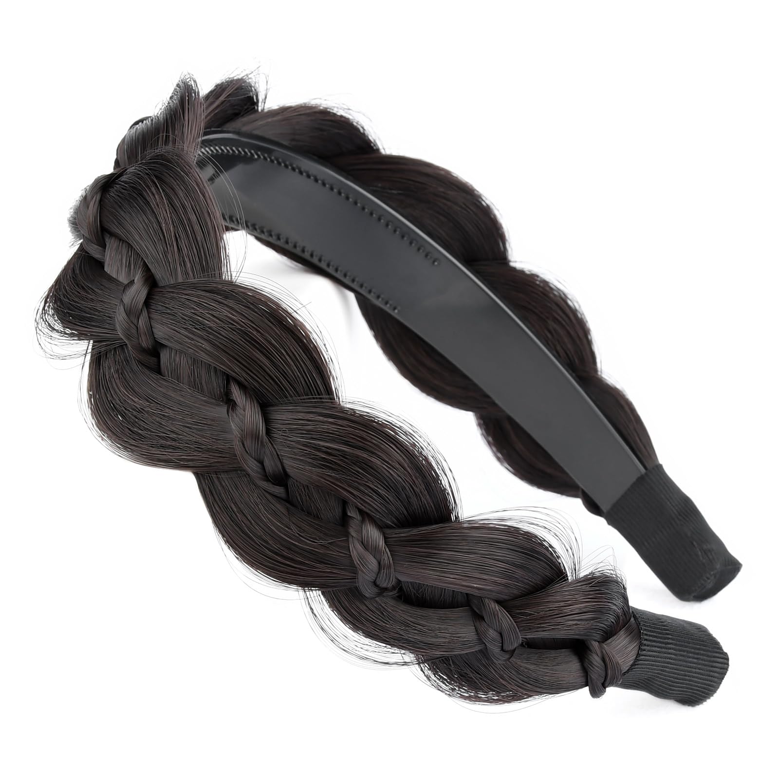 GLEDOLA Wide Braided Headband with Teeth Synthetic Hair Plaited Headband High Elasticity Braids Hair Band Hairpiece for Girls Women (Brunette Brown