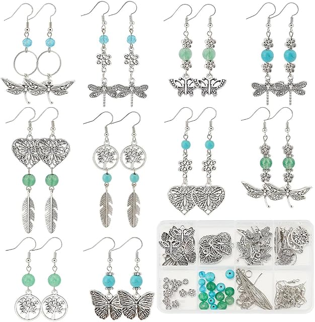 SUNNYCLUE 1 Box 10 Pairs Butterfly Dangle Making Starter Kit Dragonfly Charms Feather Charm Spring Tree of Life Charm Turquoise Glass Beads for Jewelry Making Kits Beginners Adults Women DIY Craft
