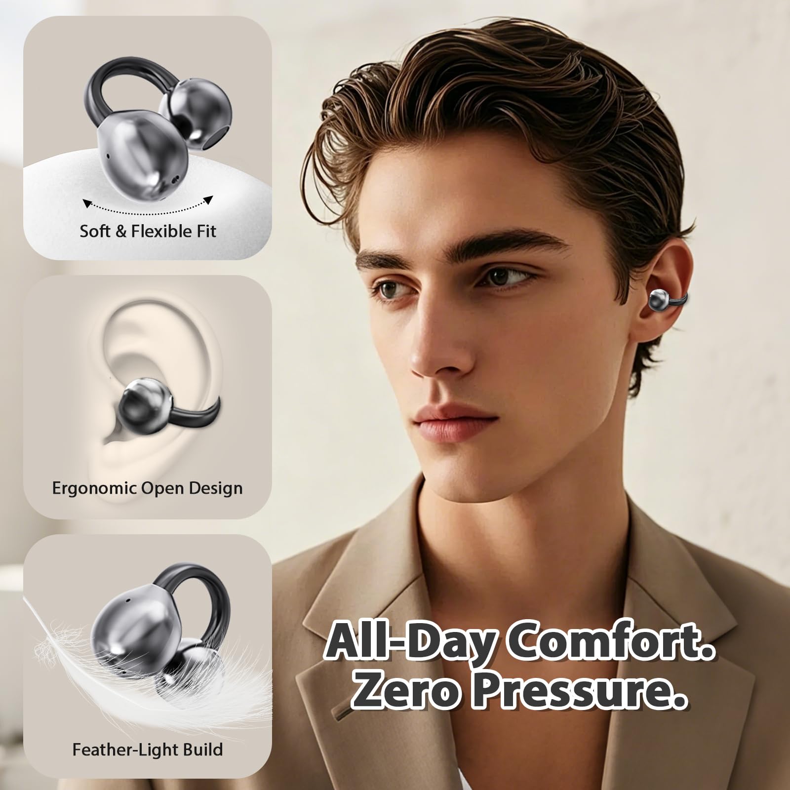 PTHTECHUS Écouteurs Bluetooth sans Fil Sport - Casque Ouvert à Clip, Casque Bluetooth Sport 5.4, 8H Autonomie, 4.3g Léger, Adapté Cyclisme Course à Pied & Gym (9D-3S-M91-Black)