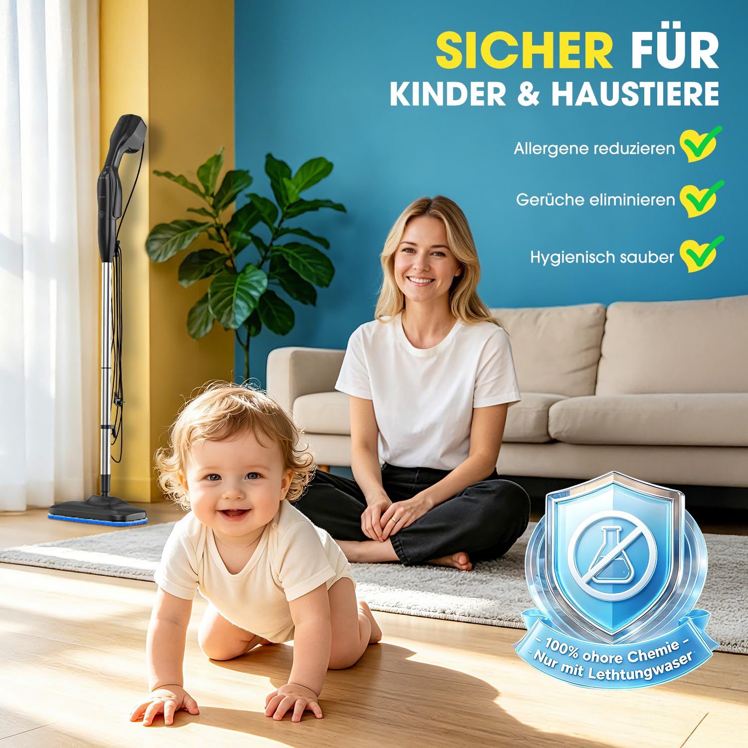 PEXCHO Dampfreiniger, Dampfmopp & Dampfwischer, 1250W Handdampfreiniger 3 Bar, 25s Aufheizzeit 266℉/130°C, 0,85kg für Böden, Fliesen, Teppich, Auto & Bad, Zubehör für Dampfbügelstationen