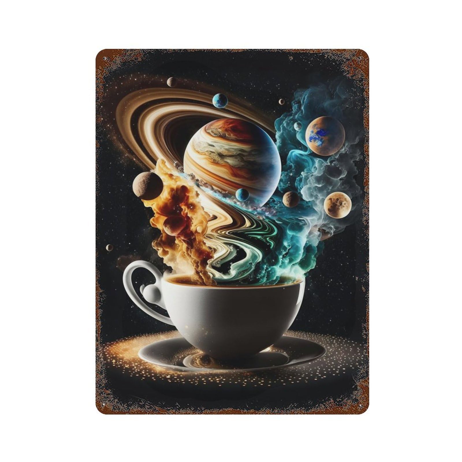 Coffee Planet 4 Rust Effect Tin Sign 15.7"x11.8", Industrial Home Decor for Garage, Bar And Workshop Decor