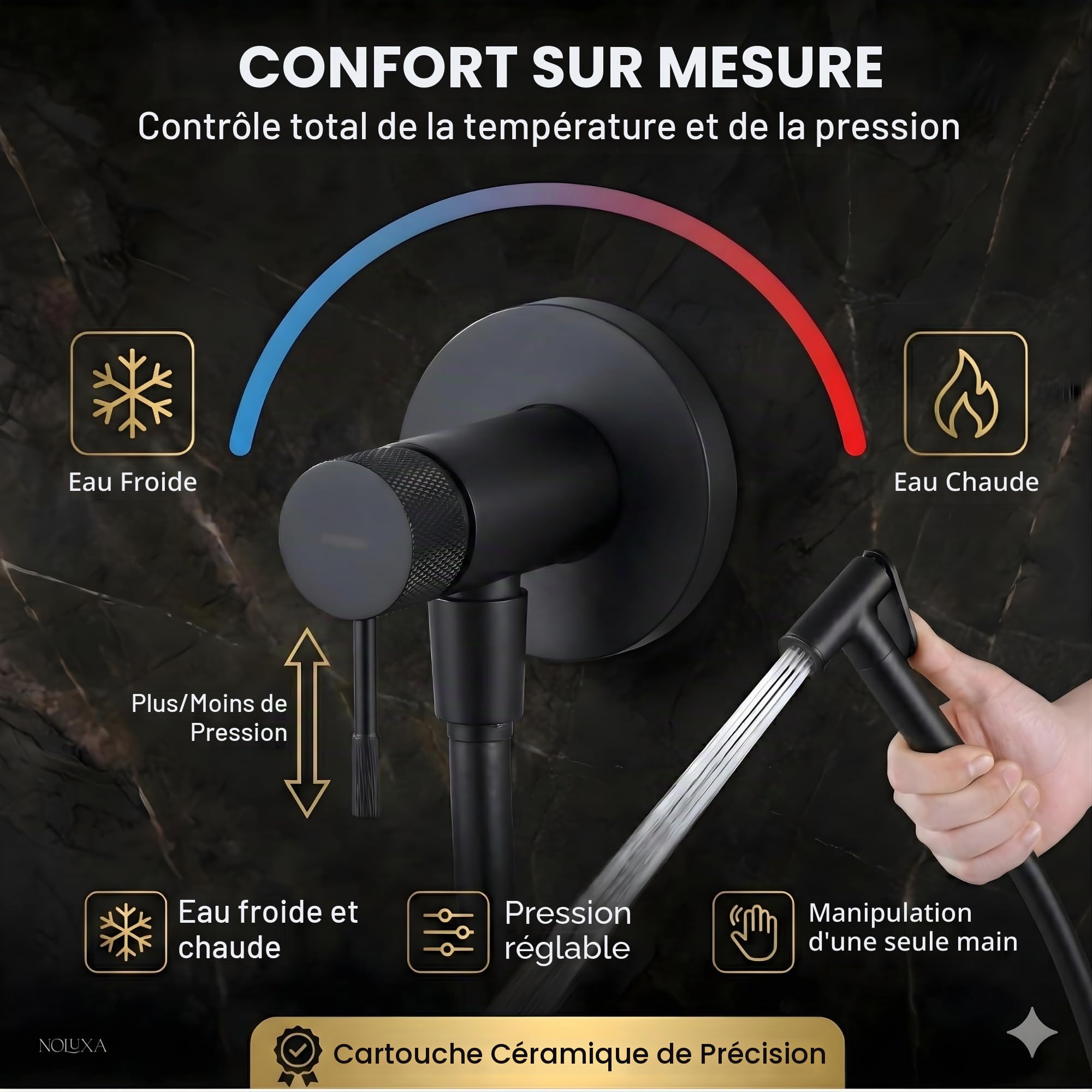 IMEX - Douche Bidet Eau Froide et Chaude Couleur Noir Mat | Robinet Bidet Encastré pour WC | Douche Hygiénique Monocommande pour Toilettes | Robinetterie Substitut de Bidet | Série Line