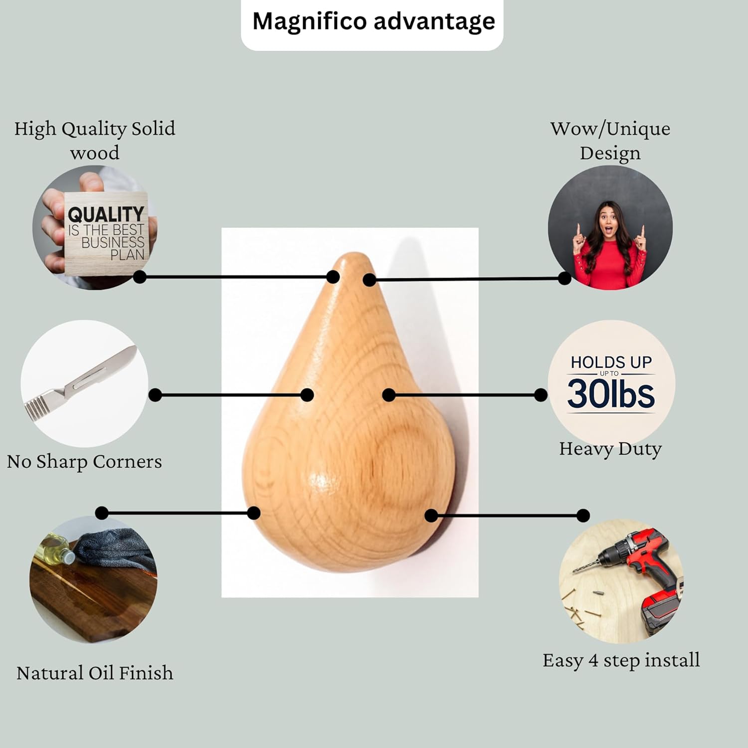 Magnifico Droplet Hook Coat Rack Wall Mount - Boho Coat Hooks, Hat Rack for Wall, Towel Hooks, Accordion Hanger, Purse Storage, Modern Home Decor, Decorative Hooks (Beech Wood, 4 Pack)