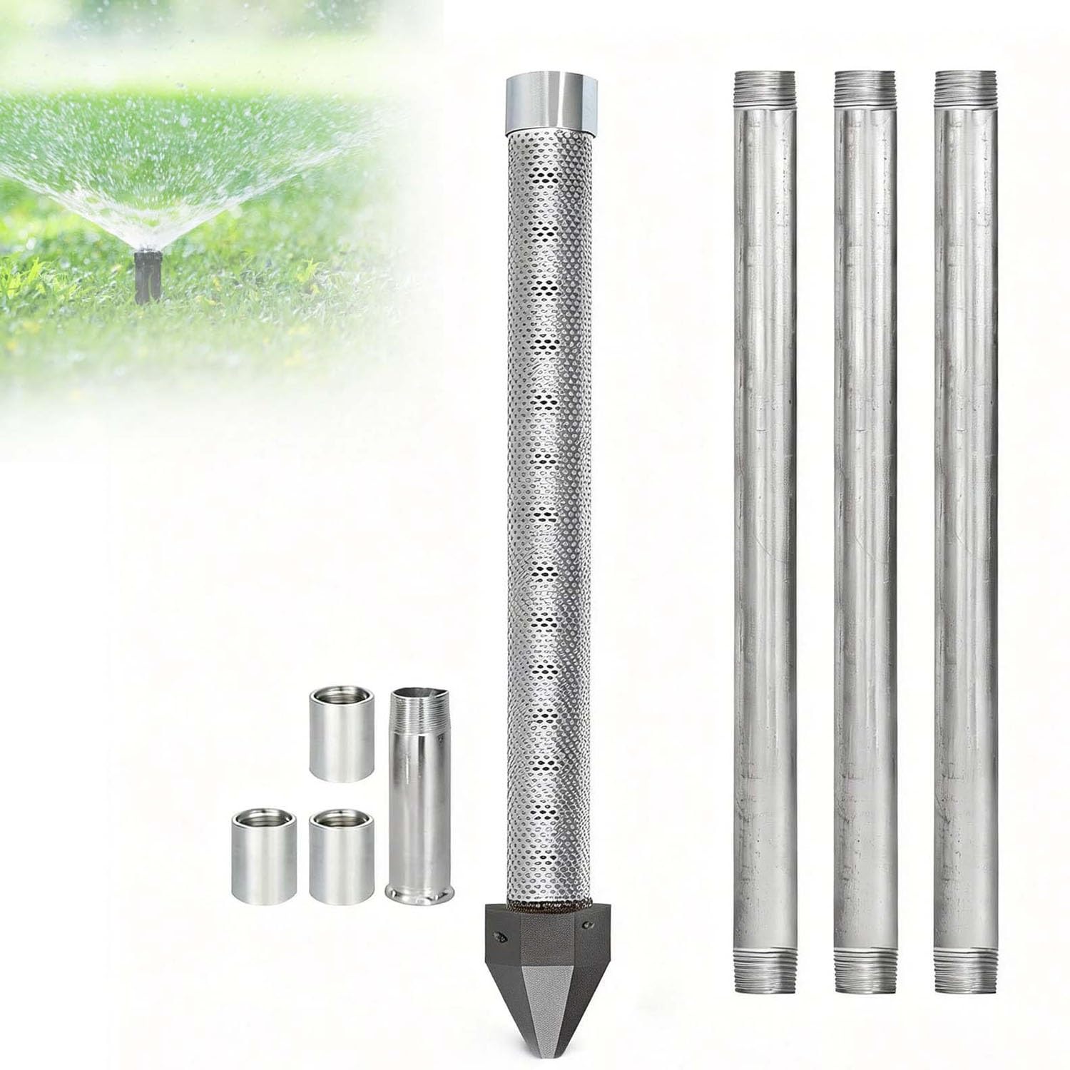 Shallow Well Drive Point Kit, 1-1/4" Stainless Steel Sand Point,36" Pipe with 60 Gauge Mesh,Galvanized Couplings for Soft Soil Water Supply(3+1kit)