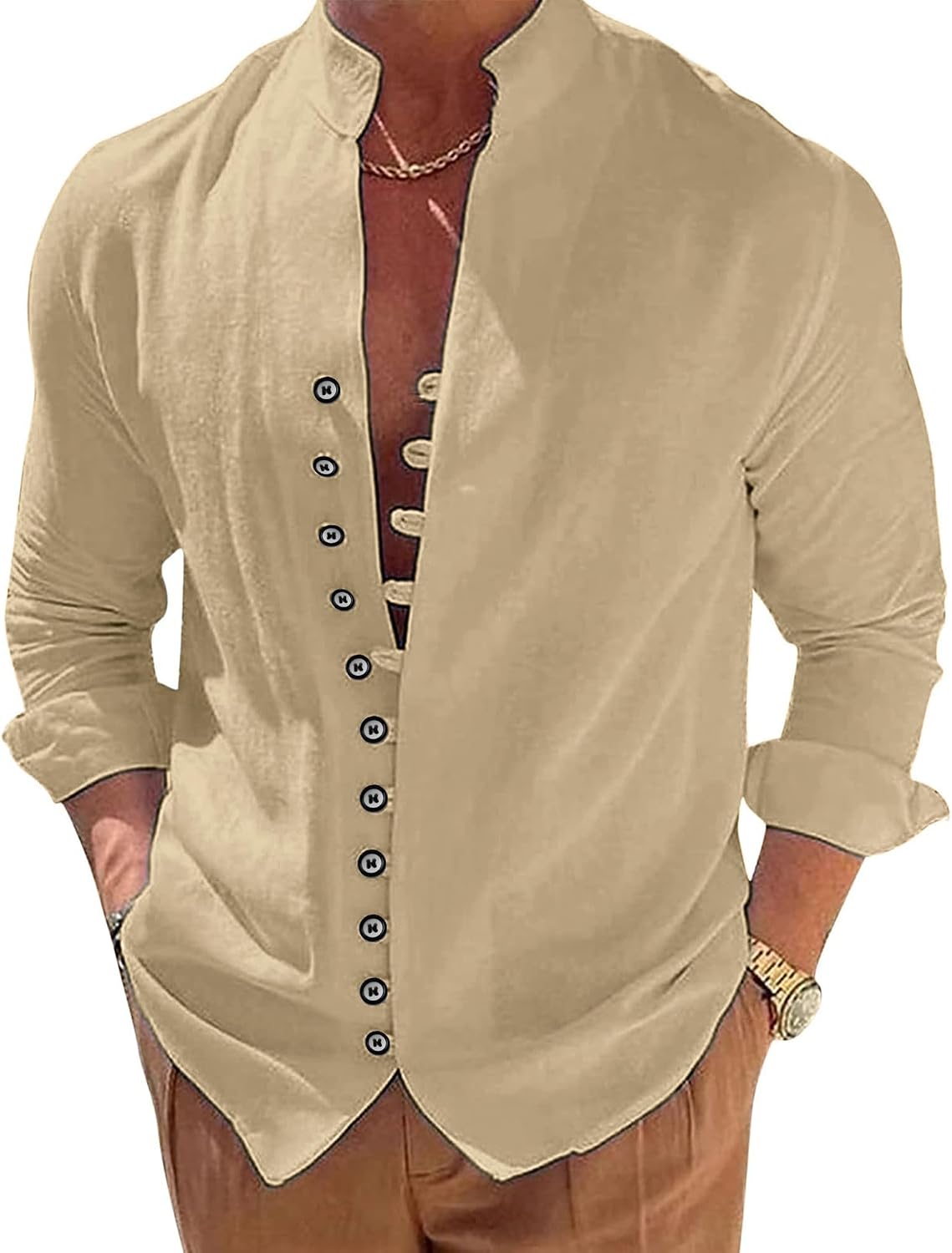 NANAMEEI Men's Cotton Linen Shirt Long Sleeve Casul Henleys Stand Collar Buttoned Shirts Solid Color