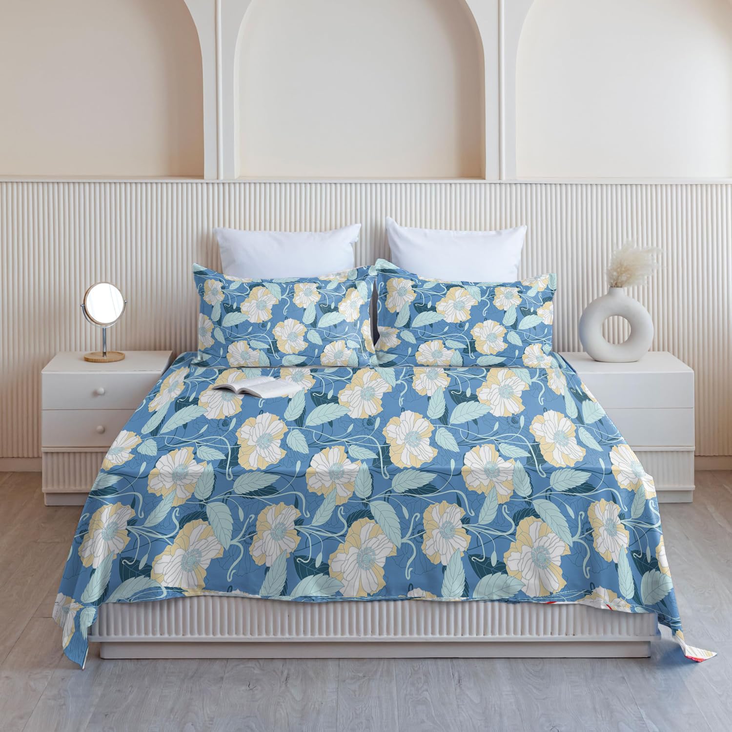ELEGANT WEAVERS Bedsheet For Double Bed | King Size Cotton With 2 Pillow Covers Floral Printed Queen Bed, 144 Tc, Blue,White (B0CTHB938Q) Amazon Price History, Amazon Price Tracker
