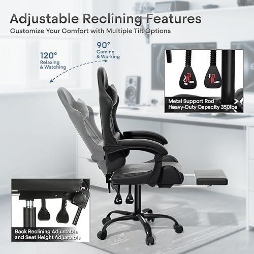 Miniatura 4 de Athena Collection Silla de juegos, silla ergonómica para juegos con reposapiés y reposacabezas soporte lumbar, silla giratoria de altura ajustable