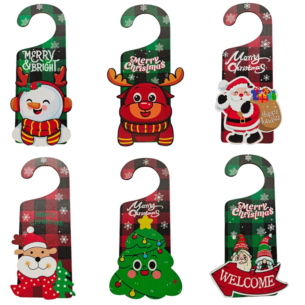 6 Piezas Decoraciones Navideñas para Colgar Puertas, 22,5 cm Adorno de Manija de Puerta de Madera de Papá Noel Perilla de Puerta Interior Percha Decoraciones de Pomo de Puerta Navideña