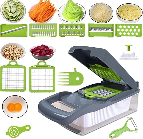 Miniatura 2 de Picador de verduras con recipiente, cortador de alimentos multifuncional 14 en 1 y espiralizador 8 cuchillas de acero inoxidable, apto