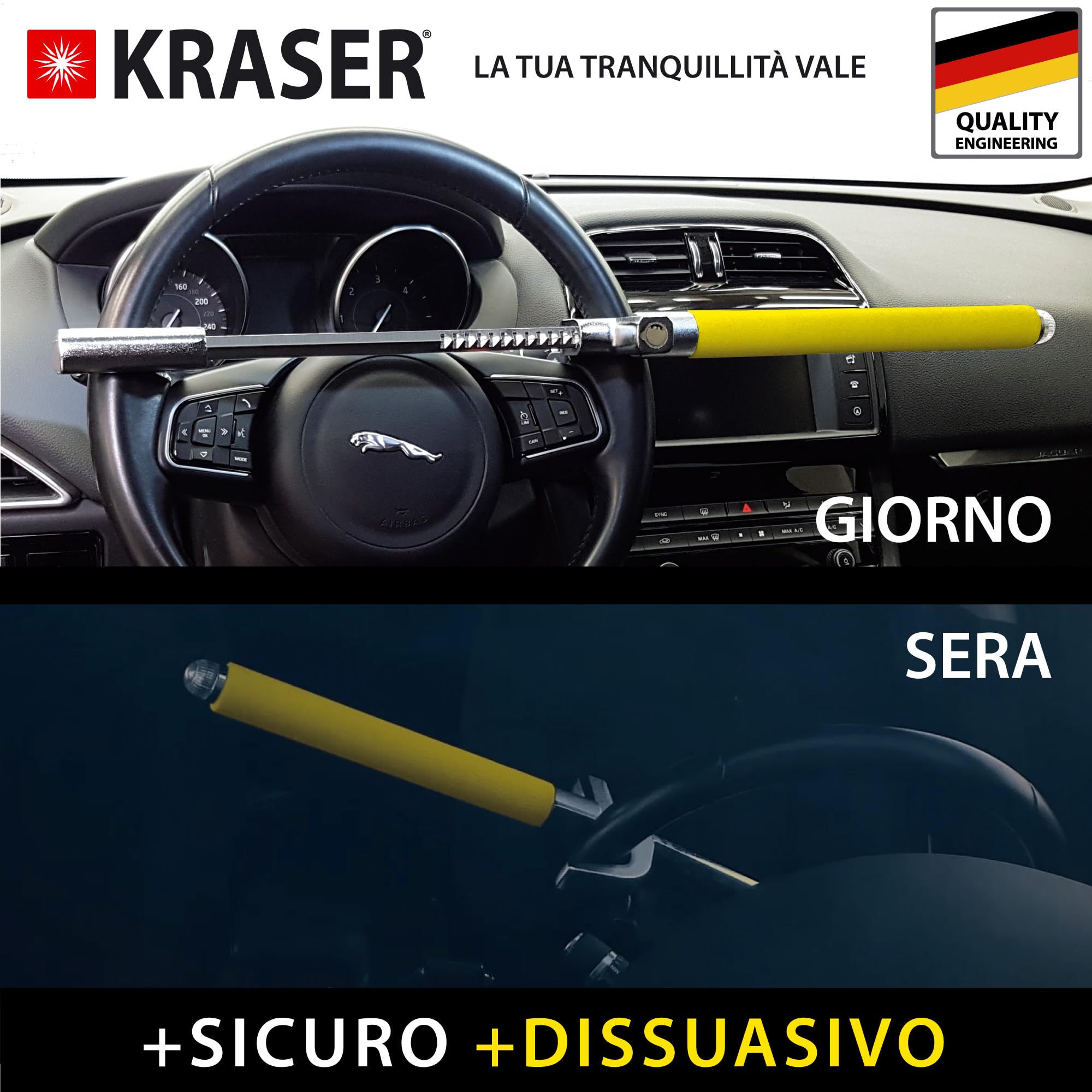 KRASER WA839Y Blocasterzo Antifurto Auto Acciaio Inossidabile 3 Chiavi