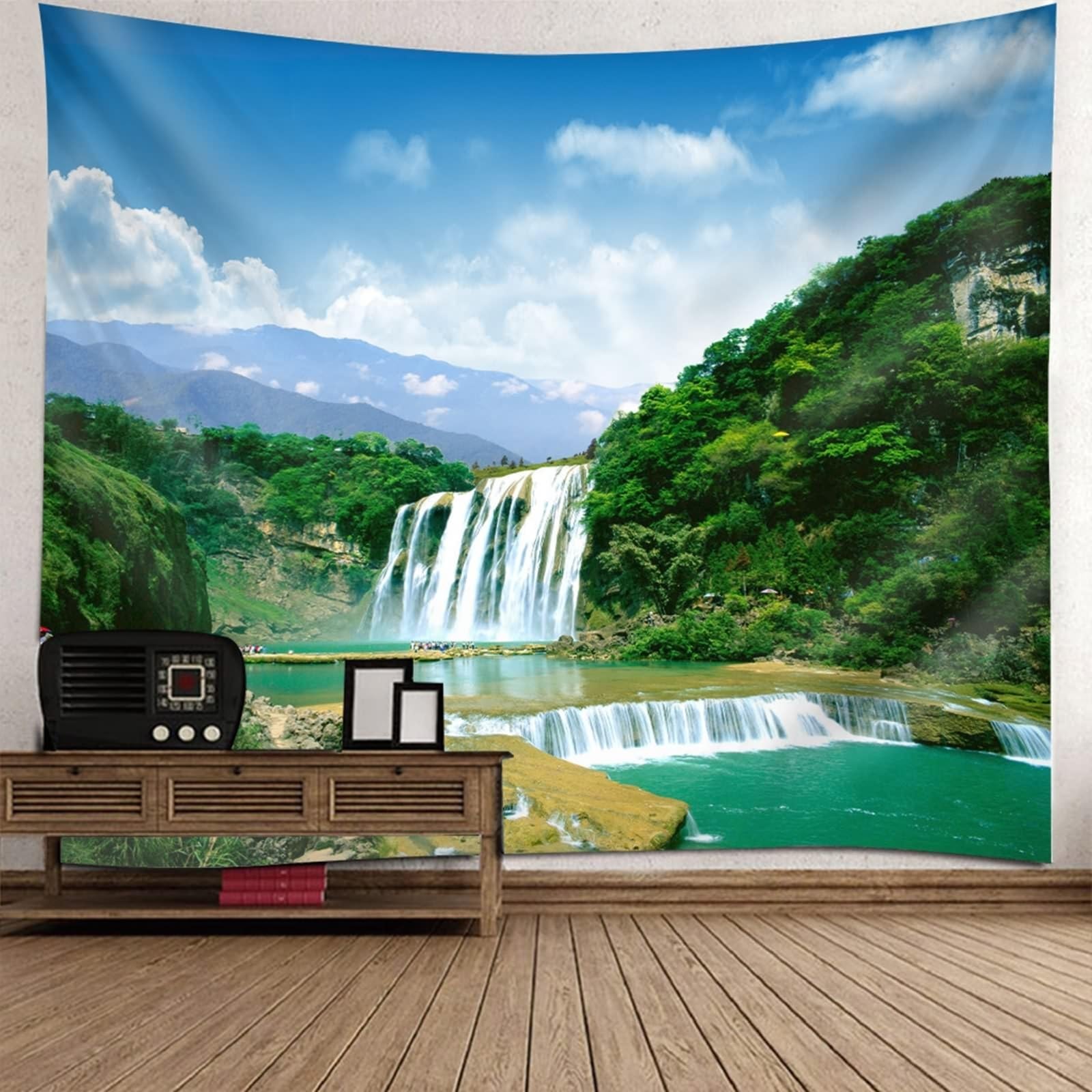 Dekoracje do pokoju biurowego natura gobelin fantazja natura góry i wodospady zielony niebieski biały mikrofibra szer. 240 cm x wys. 240 x 220 cm
