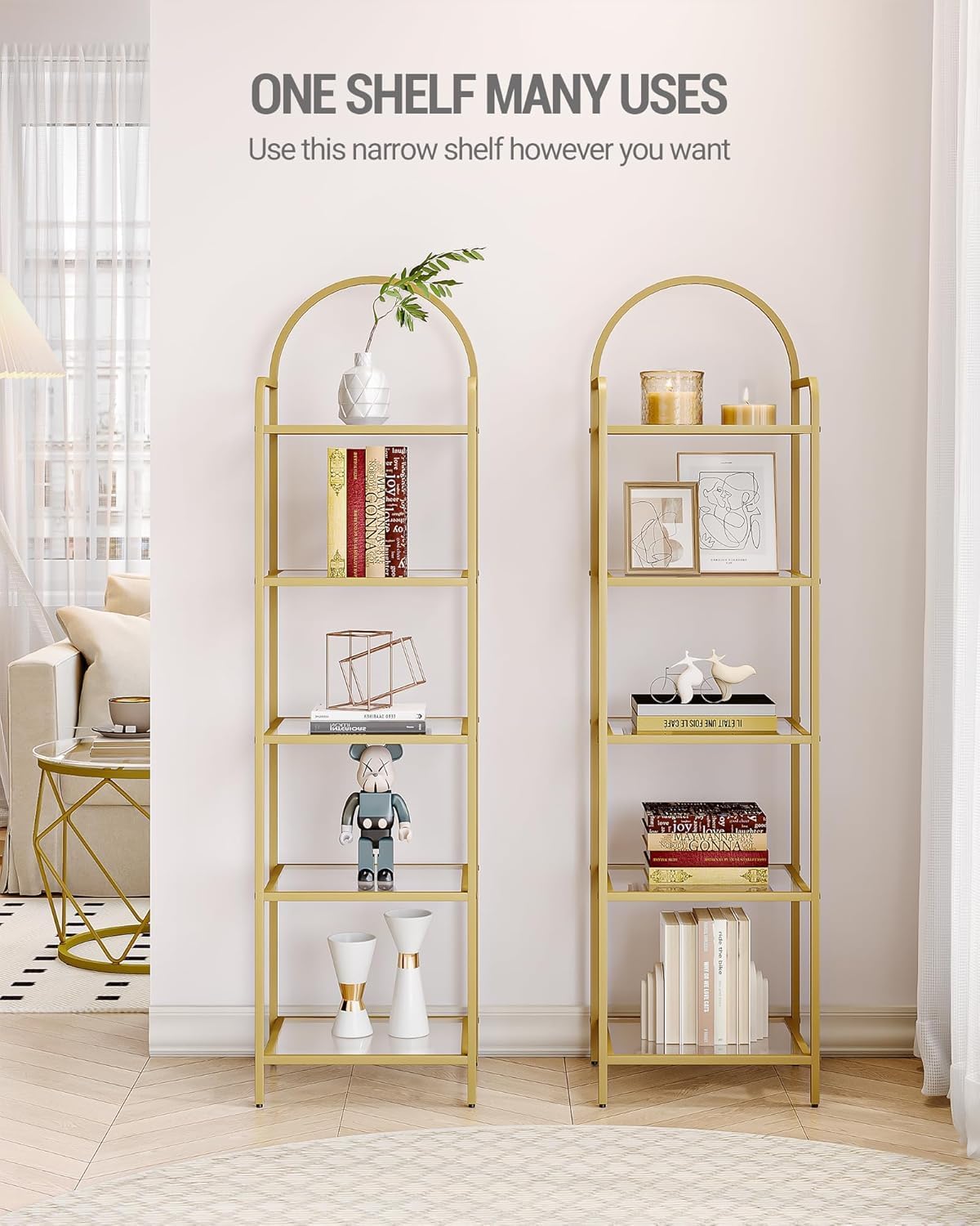 Bookcase Bookshelf, Tempered Glass Bookshelves, Slim Shelving Unit for Bedroom, Bathroom, Home Office, Steel Frame, 5 Tier Gold BC05001G - Image 3