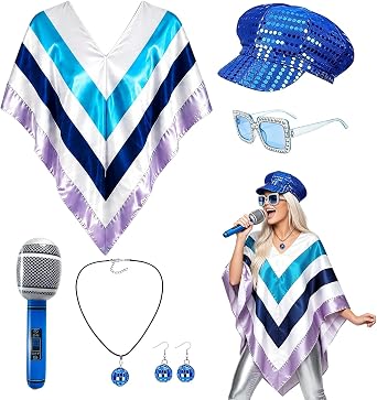Fancy Dress Set for Women, 6 Pcs 70s Disco Costume Set Accessories with Abba Poncho Beret Hat Earrings Glasses Necklace Microphone 1970s Dress Kit for Adults 1970s Theme Party Birthday