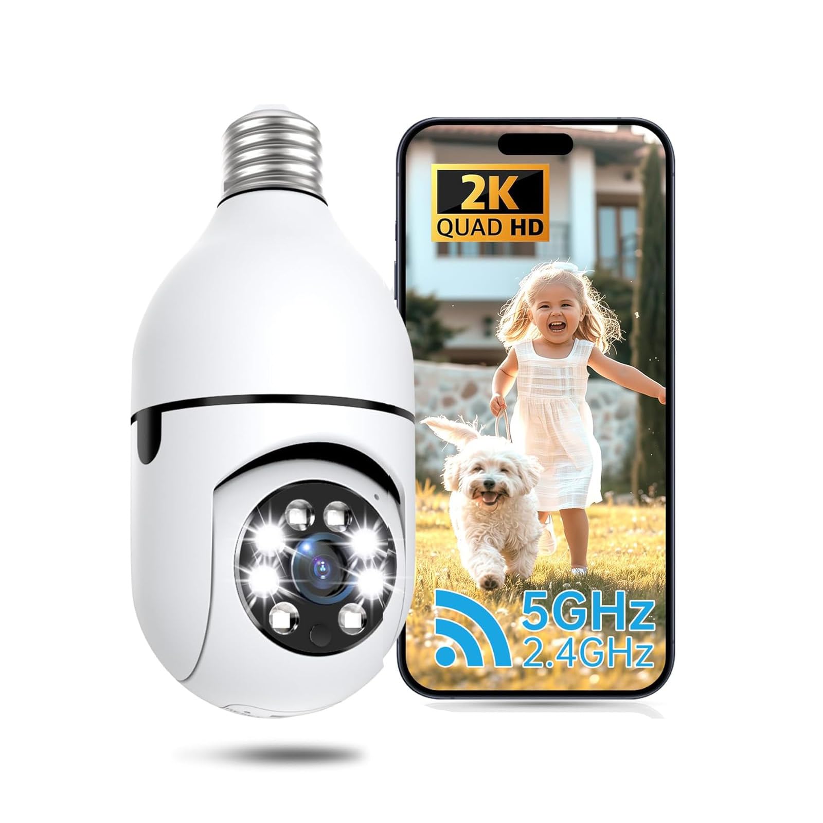 Gyliziex Light Bulb Camera for Home Security, 5G&2.4GHz 360° PTZ Wireless Security Camera Outdoor with 2K Color Night Vision, 2 Way Talk, AI Human Detection and Tracking, 1Pack