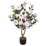 Artificial Camellia Tree for Indoor and Outdoor, Faux Flower Tree Plant in Pot Fake Topiaries for Home Front Porch Decor(1, Pink)