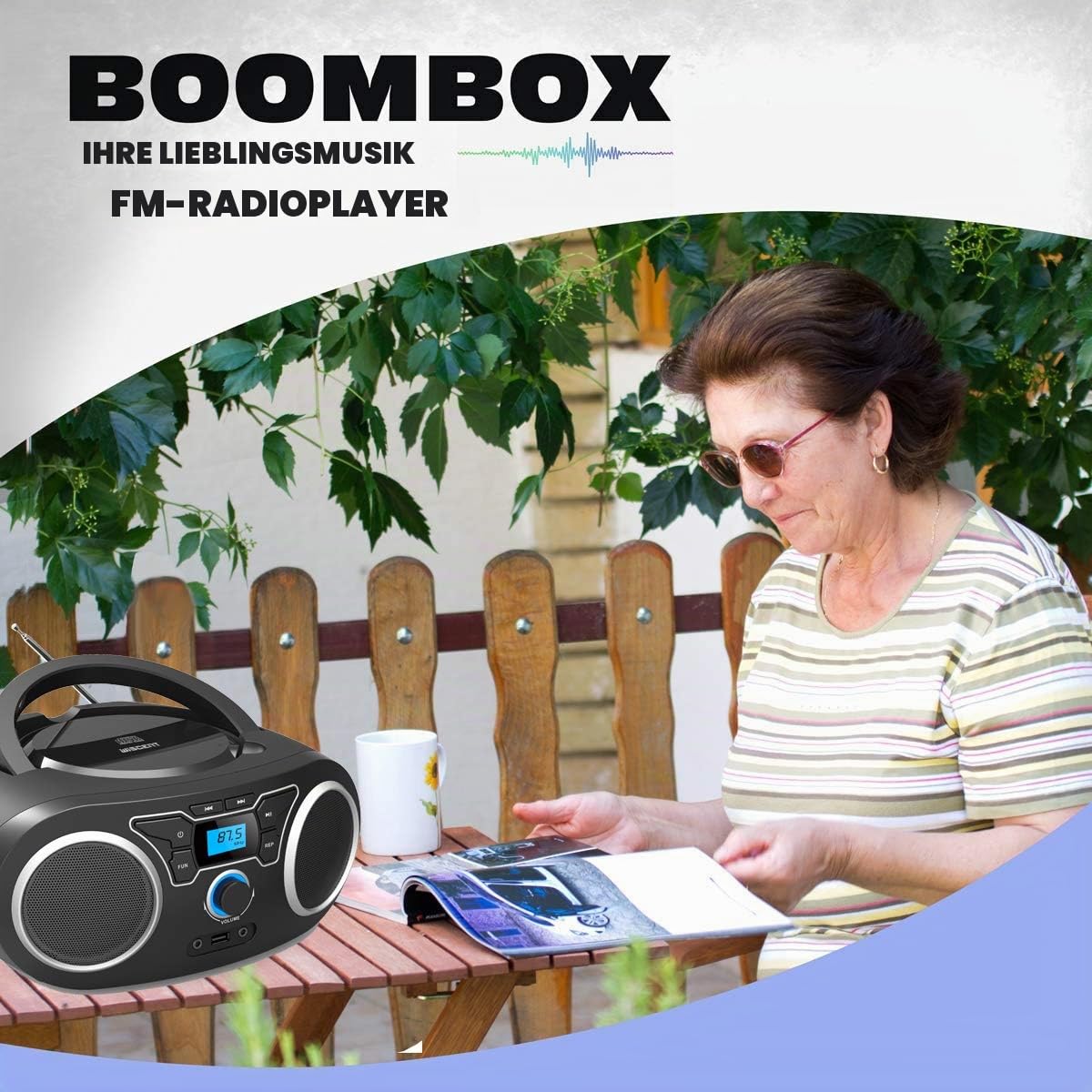 Tragbares CD Radio (CD-Player, Boomboxen, UKW Radio, USB, Batterie/Netzbetrieb, Kopfhöreranschluss, AUX-In, 2x2 W),CD Spieler für Hause oder draußen