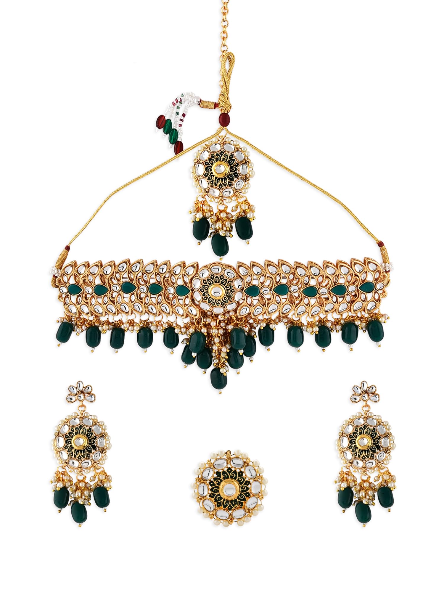 ZAVERI PEARLS Green Meenakari Kundan Choker Necklace Earring Maangtikka & Ring Set For Women-ZPFK18536 (B0DBQDY8YN) Amazon Price History, Amazon Price Tracker