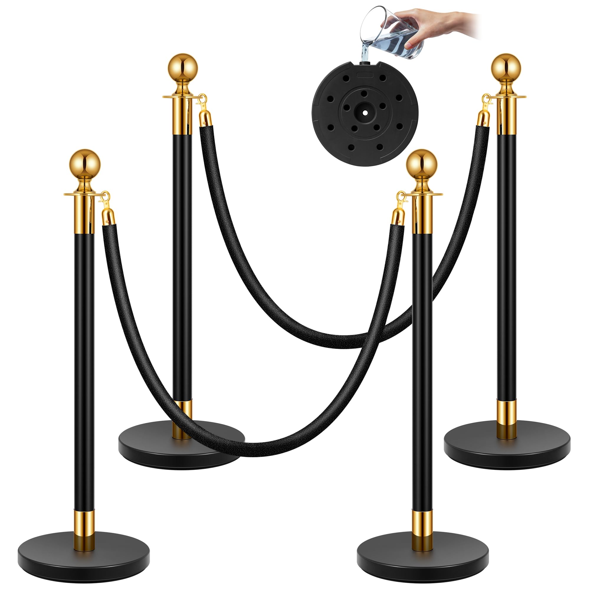 VIVOHOME Heavy Duty Iron Stanchion Post Queue 4PCS Pole w/ 2 Black Velvet Ropes, Crowd Control Barriers w/Fillable Base for High-end Venues, Museums, Party Supplies (4 Pieces, Black and Golden)