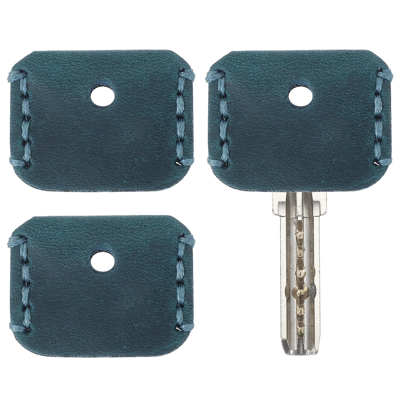 PATIKIL Leather Key Covers Caps, 3 Pack Head Key Sleeves Mini Key Tags Organizer for House Office House Apartment Keys Light Blue