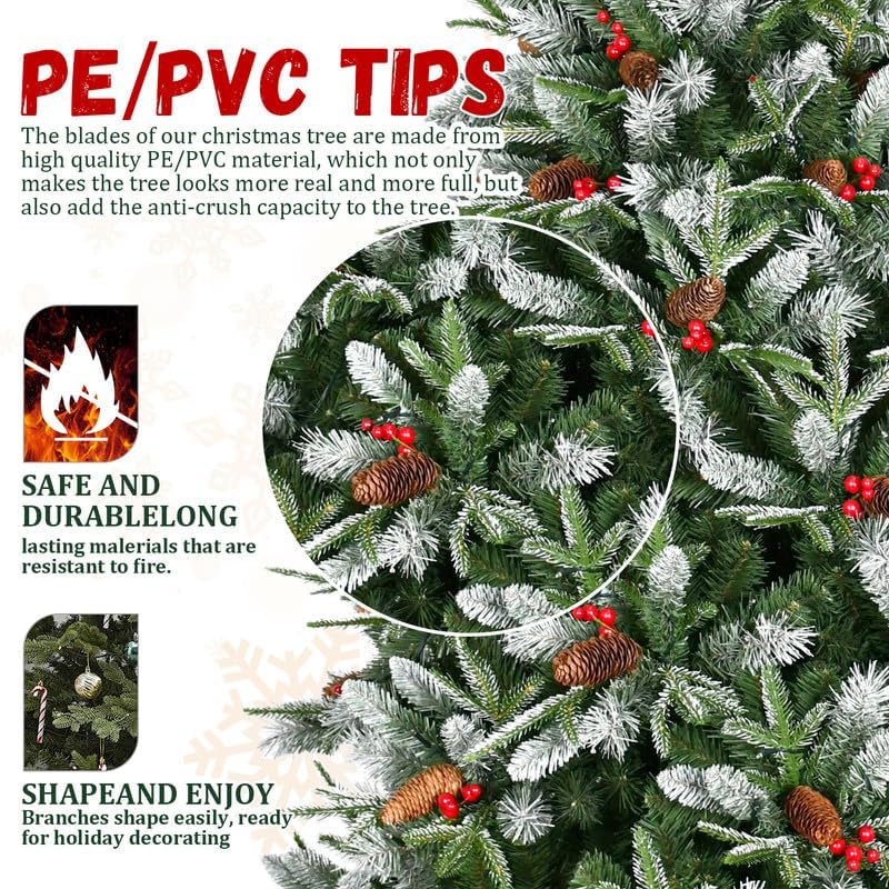 7.5FT Christmas Tree with 2514 Tips, Red Berries & Pine Cones – Snow-Dusted PE+PVC Branches, Hinged Design for Easy Setup, Sturdy Metal Stand – Full, Natural Holiday Tree Decoration