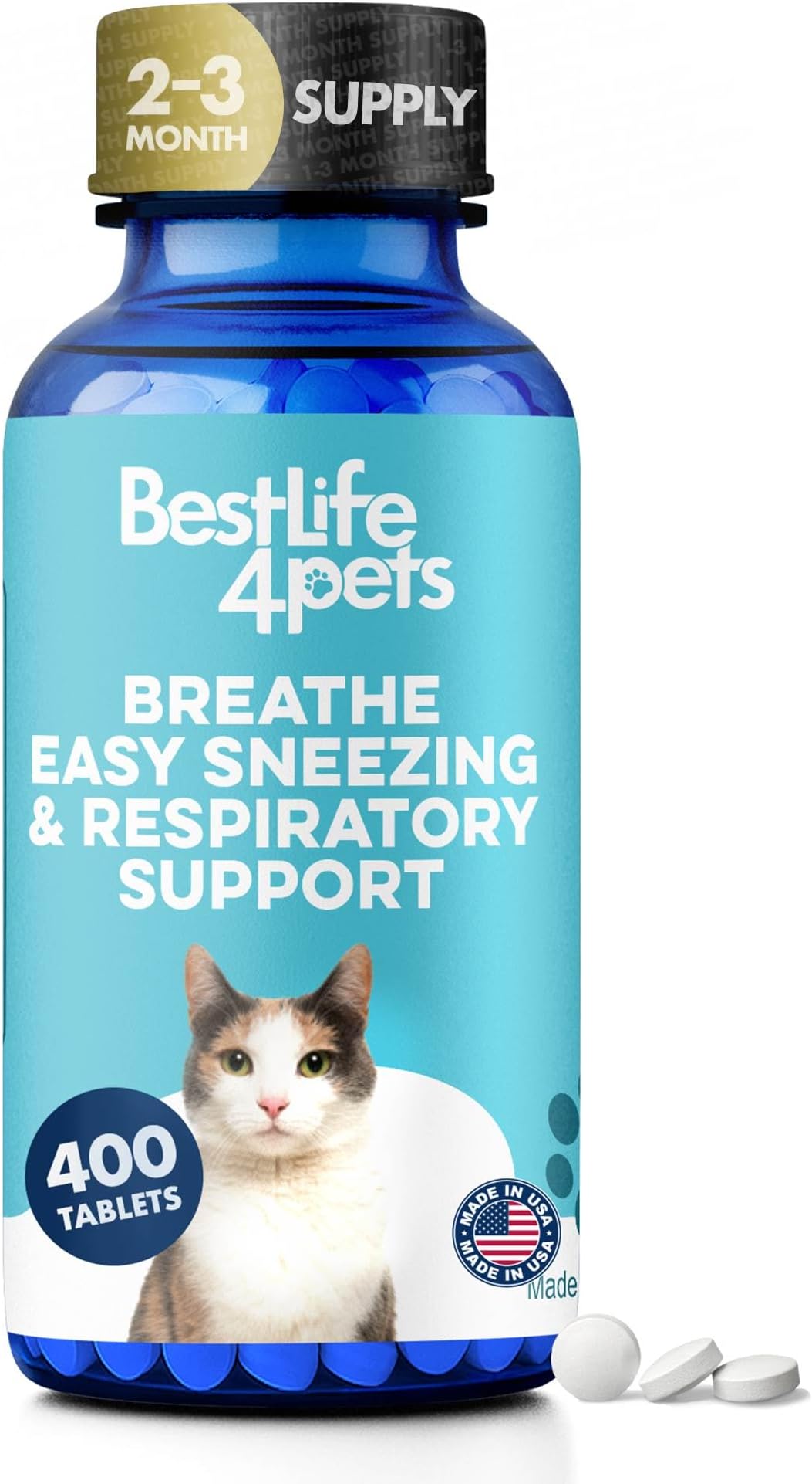 BestLife4Pets Cat Cold & Respiratory Infection Remedy - Breathe Easy Natural Relief for Your Feline's Runny Nose, Sneezing, Coughing, Nasal Congestion, and Asthma - 400 Odorless, Tasteless Pills