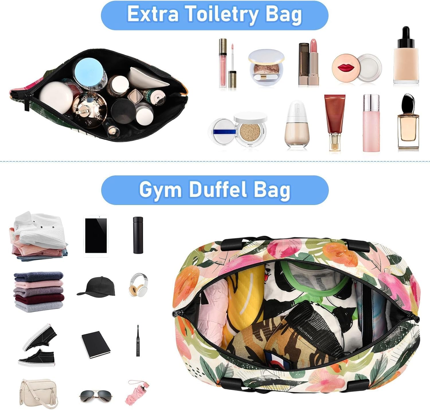 Tropical leaves and flowers Luggage Travel Bags Weekender Duffel Bag Workout Bag with Toiletry Bag for Workout 2 Pcs Set