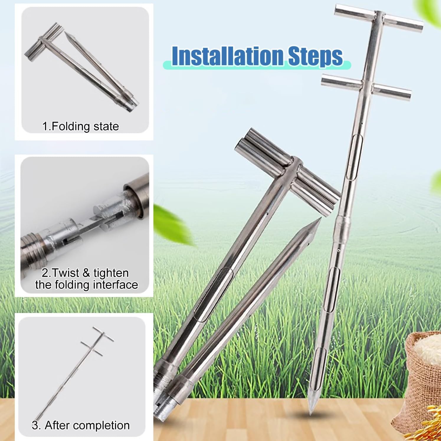 Foldable Soil Grain Probe Sampler, 1.5-4m Stainless Steel, Double Handle Rotatable Probe for Accurate Grain Powder Sampling, Ideal for Agriculture and Gardening