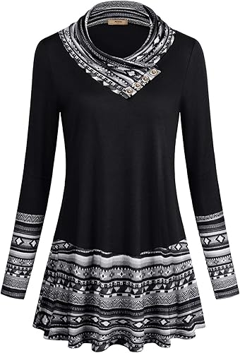 Miusey - Camiseta tipo túnica con manga larga y cuello drapeado para mujer, blusa informal y ajustada que favorece la figura