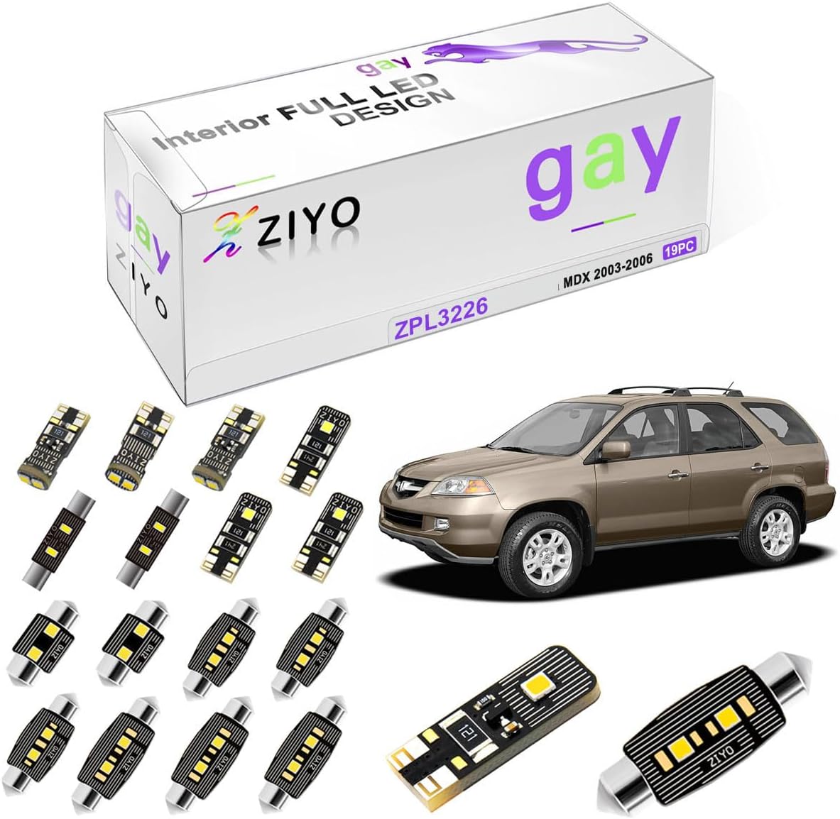 ZIYO ZPL3226 - (19 Bulbs) LED Interior Light Kit Replacement for Acura MDX 2003-2006 + License Plate Light Bulbs Package, White Dome Lights Upgrade