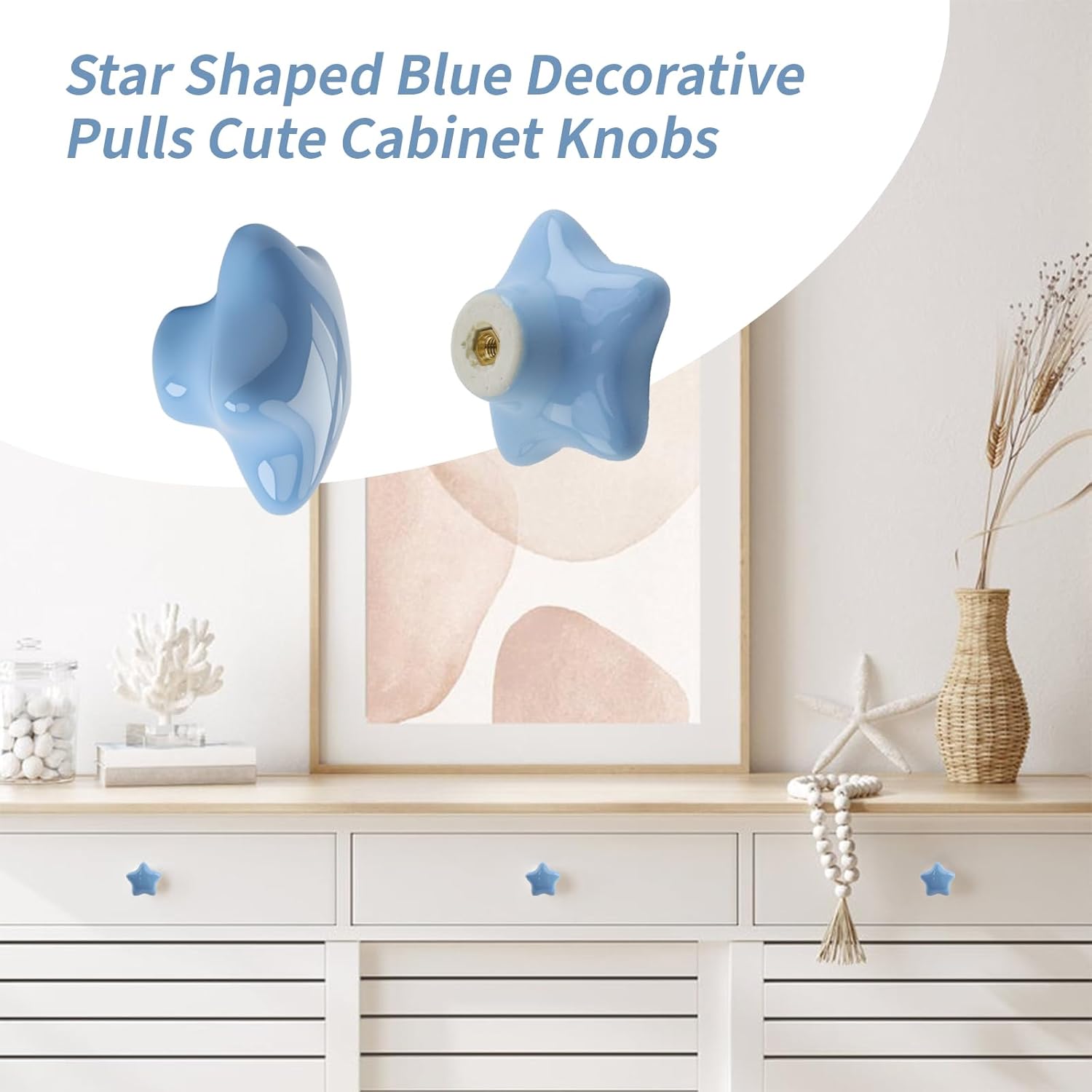 Dnyta 6 Pcs Star Shaped Ceramic Knobs Decorative Pulls Cute Cabinet Dresser Pulls for Wardrobe, Drawers, Cabinets, Jewelry Box (Star Shaped, Blue)