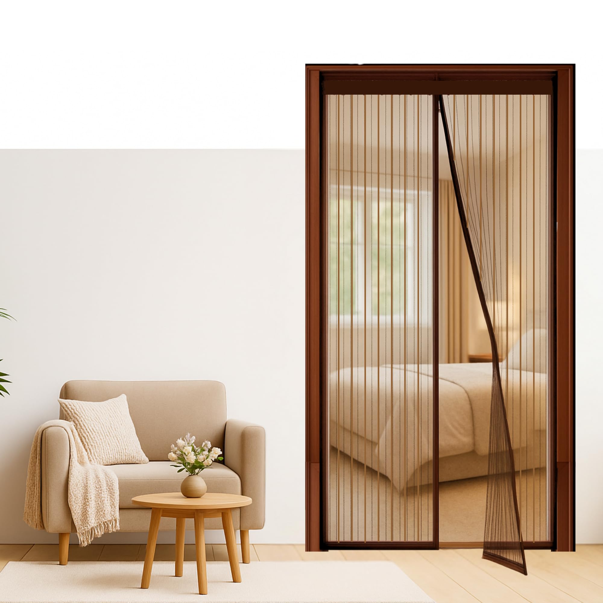 Livique Mosquito Net for Doors with Magnet – Self-Closing – All Door Types 7 feet – Includes Self-Adhesive Tape – Protects Against Bugs and Flies – Polyester – Measure before Order (Brown, 210*110cm)