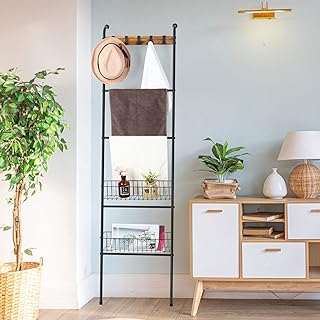 Blanket Ladder Shelf, 5 Tier Blanket Holder Rack with Storage Basket, Removable Hooks, Towel Ladder Quilts Rack for Living...