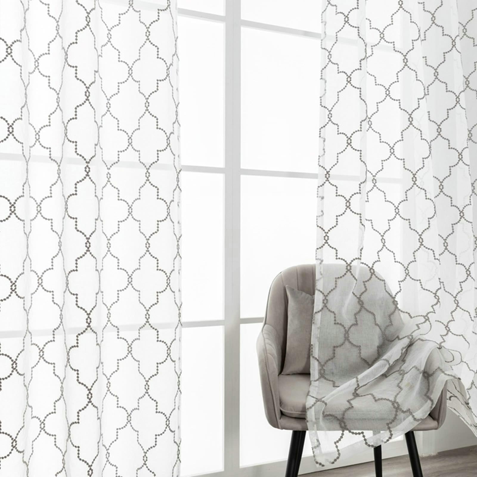 Vorhänge Grau und Weiß Transparent Kurz 137 Breit, 2 Stück Polyester Moderne Voile Vorhänge Bestickt mit Ösen für Schlafzimmer, H160 x B137 cm