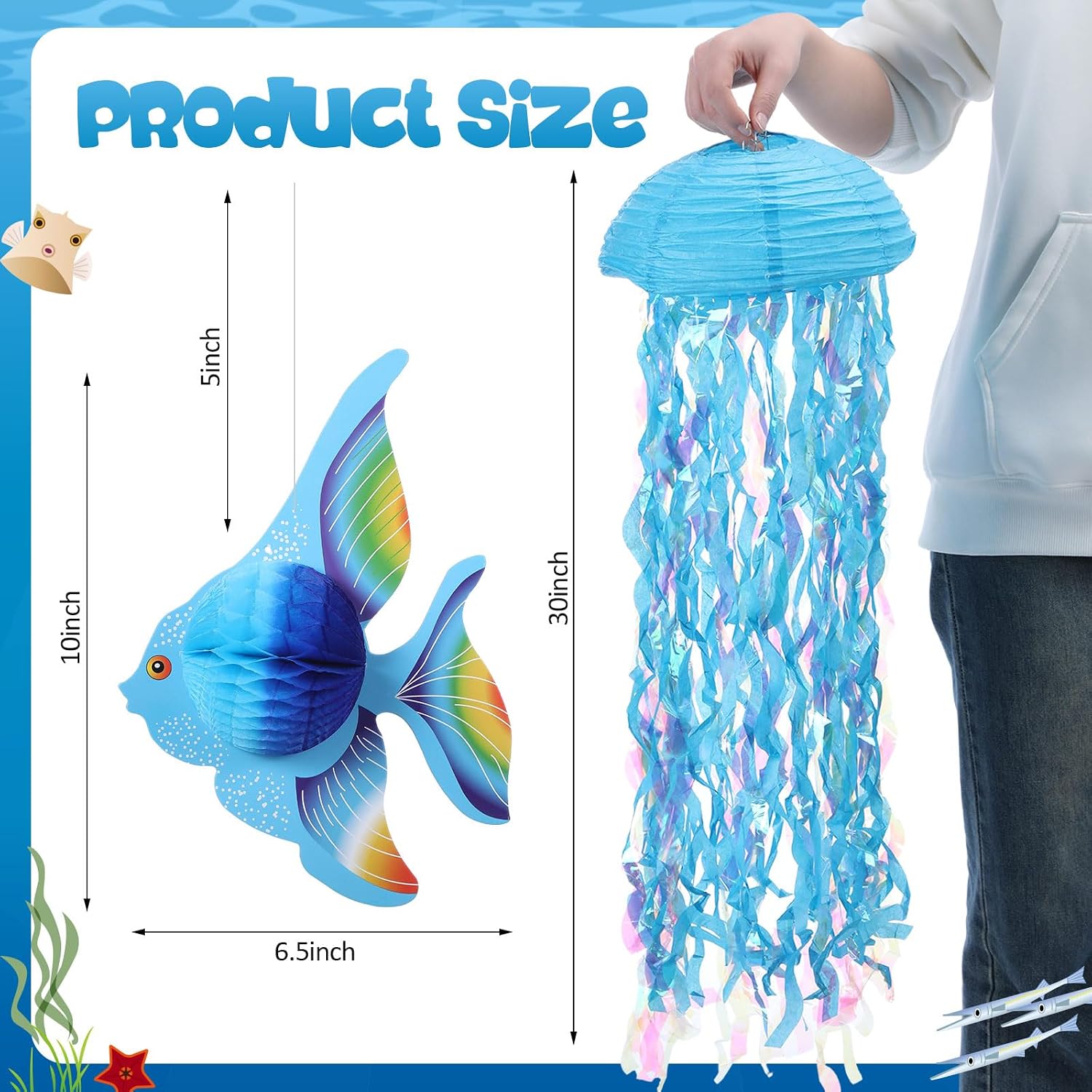 Ceenna 18 Pcs Under the Sea Decorations Kit with 6 Hanging Jellyfish and 12 Tropical Fish, for Mermaid Birthday Party, Ocean Shower, Nautical Wedding, and Beach Classroom Decor(3 Types of Fish)