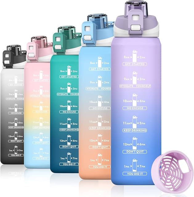 Life4u 1 Litre Sports Water Bottle with Time Marker BPA Free, Large Motivational Drinking Bottle with Fruit Strainer and Flip Lid for Cycling, Gym, Camping, Outdoor Sport, Home, School & Office