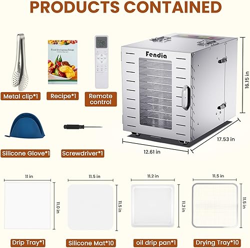 Miniatura 5 de Deshidratador de alimentos para cecina, control remoto, 10 bandejas grandes de acero inoxidable, deshidratador de frutas de 1000W, temporizador de