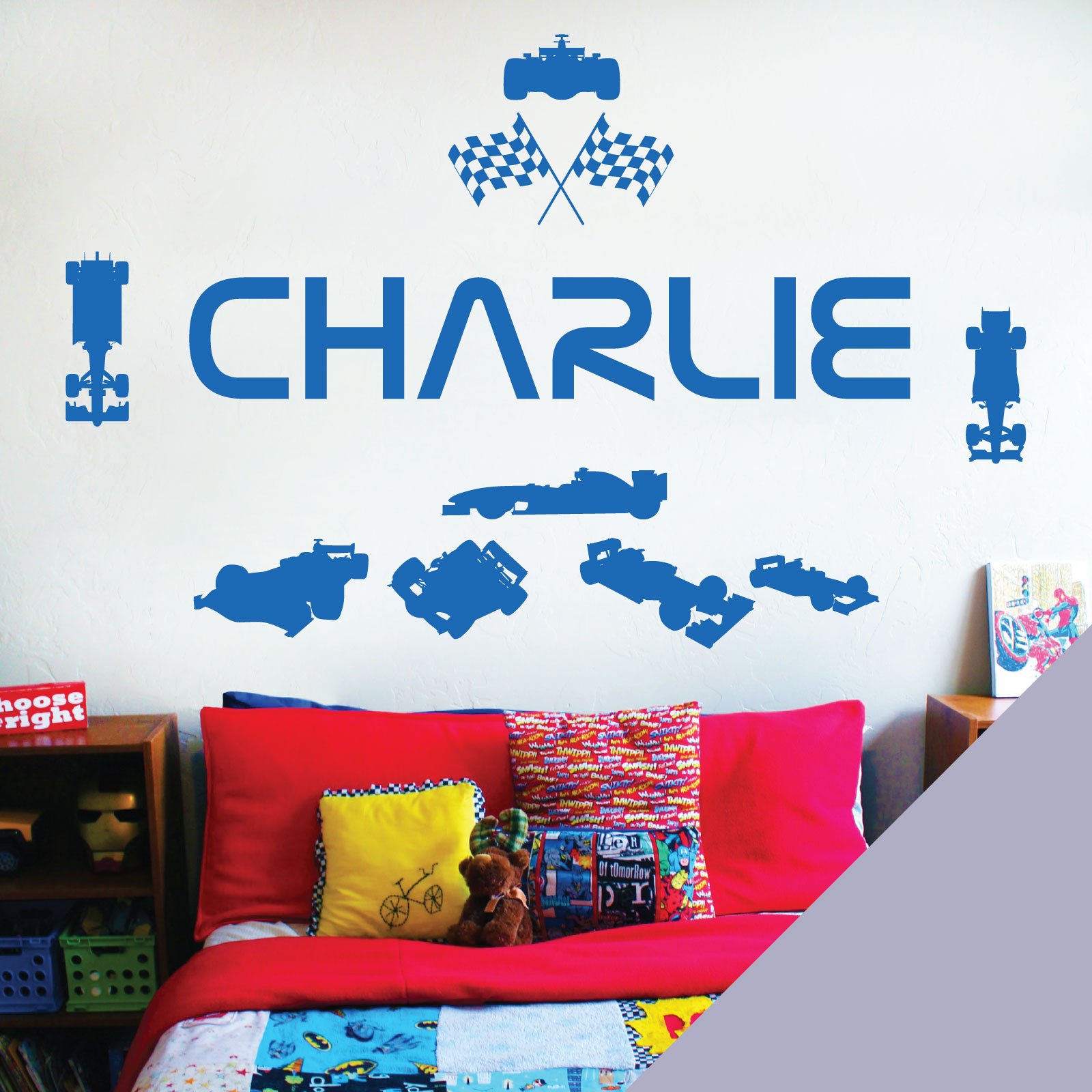 Personalised Name Children Wall Art Sticker - Racing Driver Formula 1 Cars Sport [Large] [Light Grey]