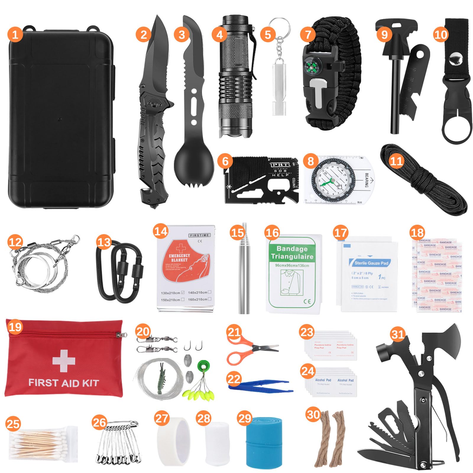 Kit de Supervivencia, 70 en 1 Kit de Supervivencia de Emergencia al Aire Libre, Multifuncional Equipo de Botiquín Primeros Auxilios, Kit de Emergencia para Viajar Caminar Acampar al Aire Montaña