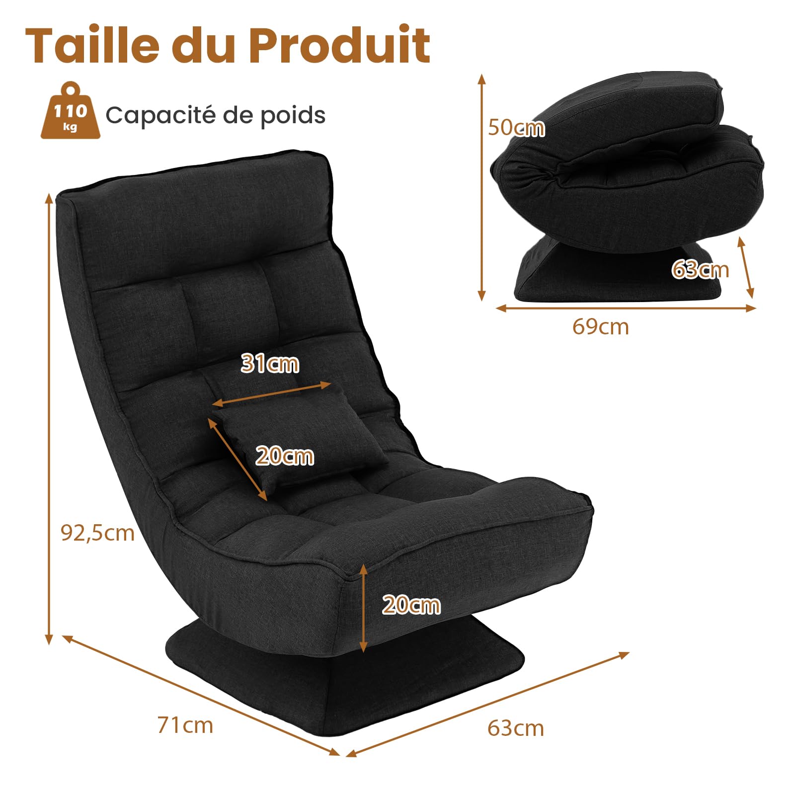 GOPLUS Silla de Suelo giratoria Plegable con Respaldo Ajustable de 5 Posiciones y cojín, sofá reclinable meditación Carga 110 kg, salón y Dormitorio， 63 x 71 x 92,5 cm (Negro)