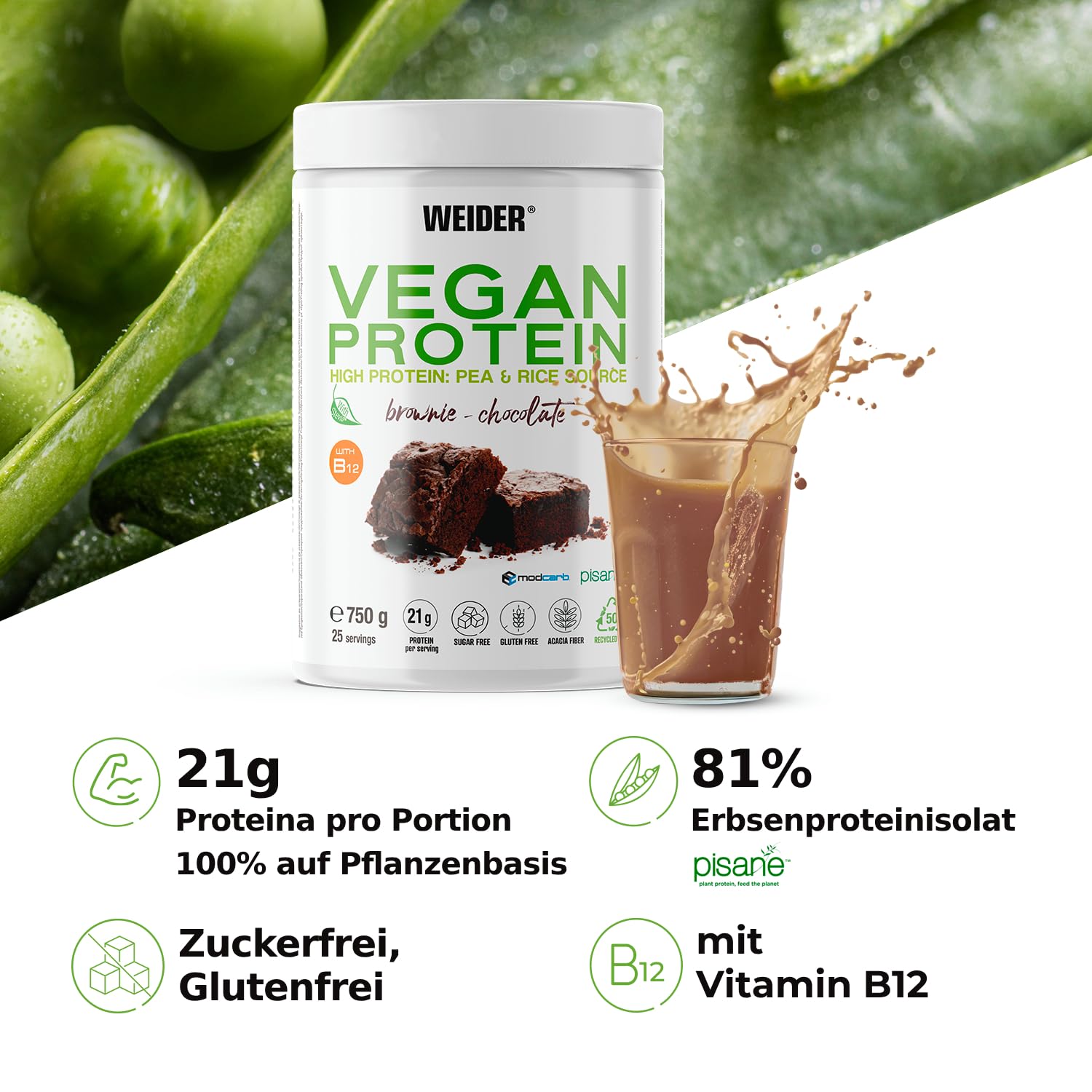 Weider Vegan Protein (750g) Brownie-Geschmack, 21g Protein/Dosis | 100% pflanzliches Protein aus Erbse (Pisane) + Reis, mit Vitamin B12, Akazienfaser, Stevia, Zuckerfrei, Glutenfrei