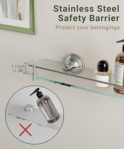 Miniatura 2 de Estante de vidrio para baño, estantes flotantes de vidrio de 20 pulgadas para pared, estantes de vidrio de ducha con barandilla de acero inoxidable