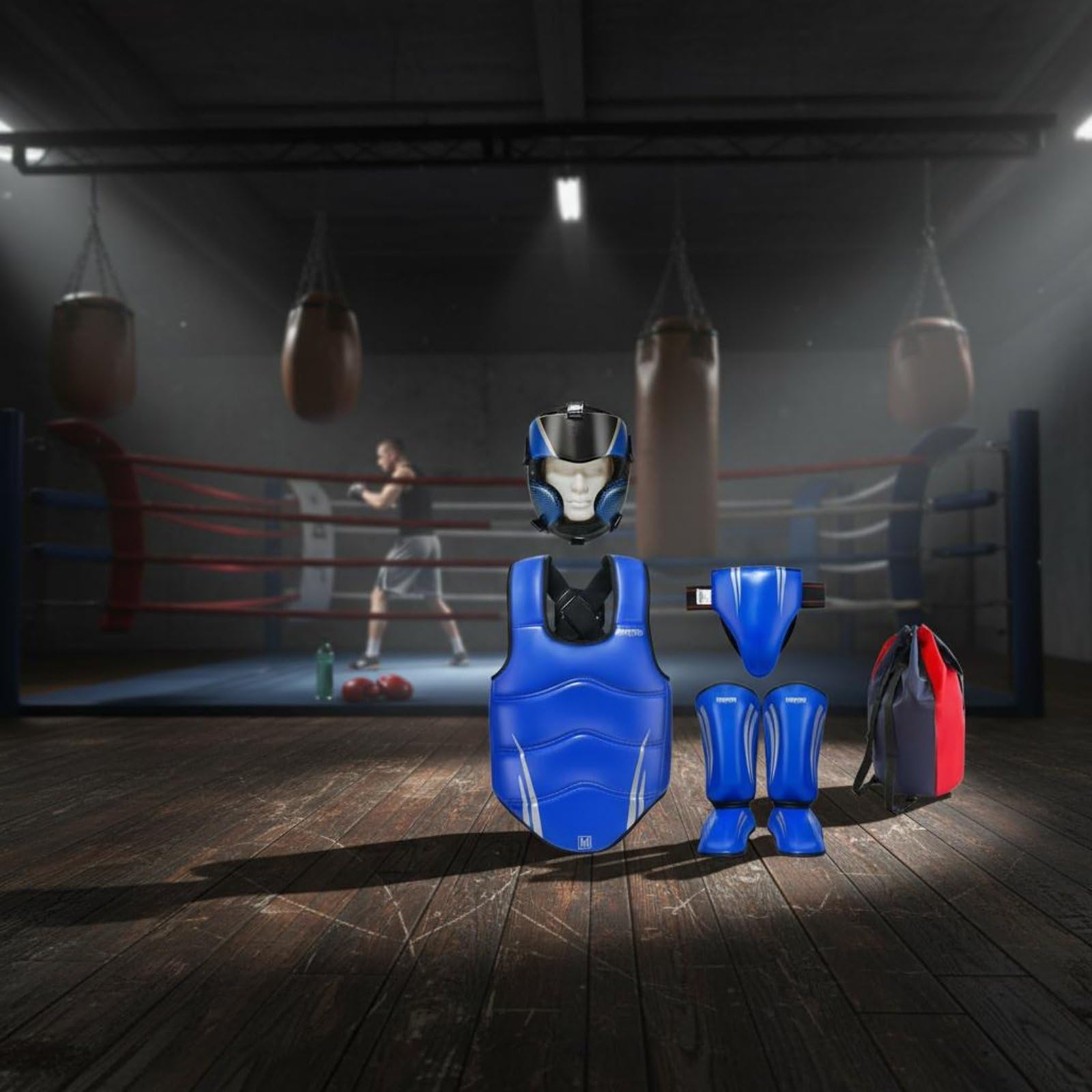 rockible 5 Pezzi Attrezzatura da Allenamento Combattimento Kit Protezioni Arti Marziali Casco Corpetto Parastinchi Parafianchi in PU con Imbottitura EVA Spessa