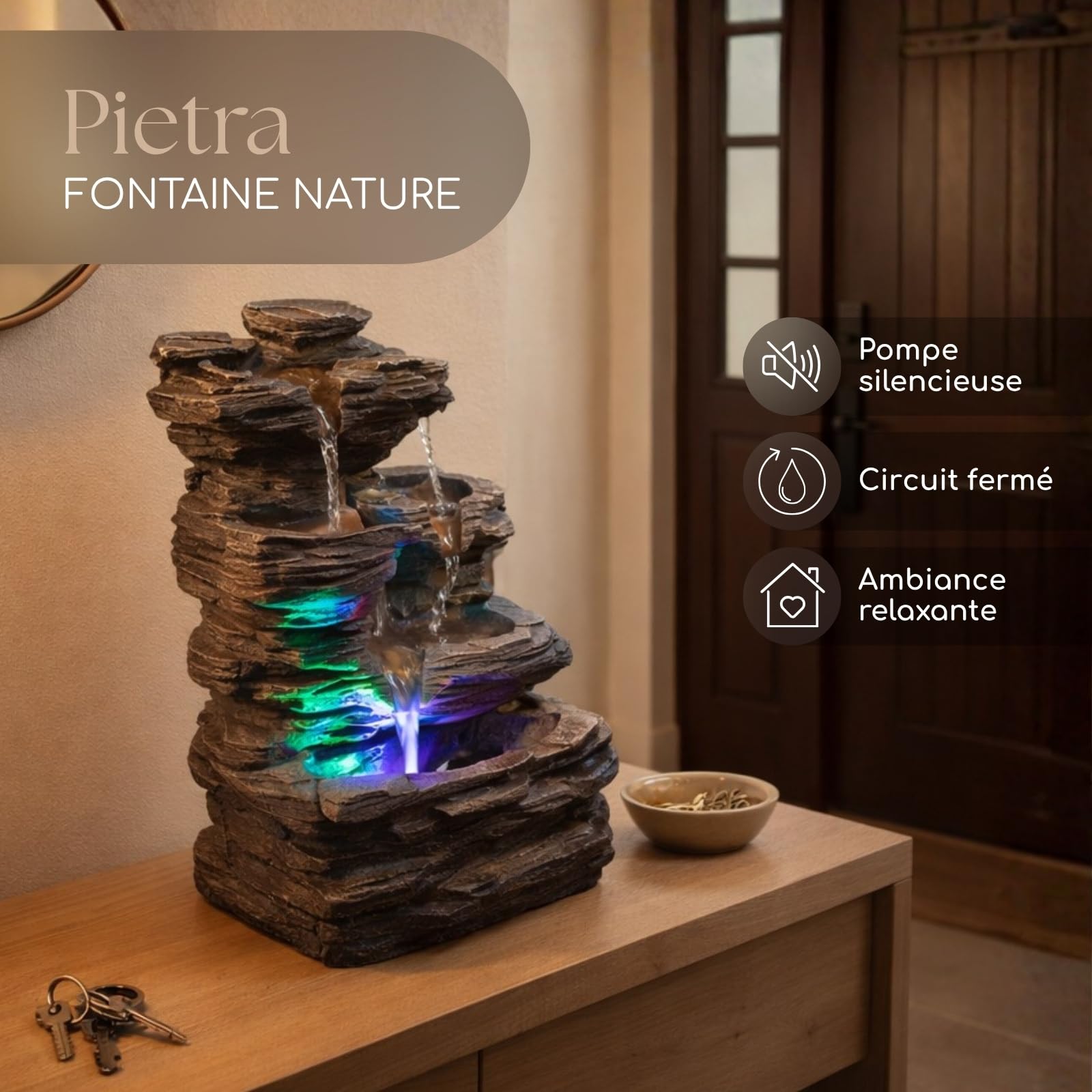Zen’Light - Fontaine d’Intérieur Nature Pietra - Décor Zen Naturel en Résine Imitation Roche, Idéal Méditation & Détente - Cascade & Éclairage LED à Variation de Couleur - Objet Porte-Bonheur - H35cm