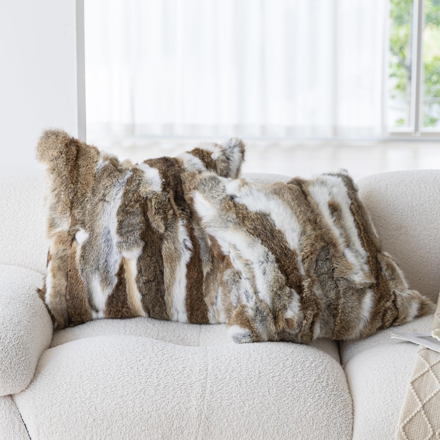 MOOX Rabbit Fur Throw Pillow Covers Decorative Fluffy Soft Fuzzy Plush Luxury Genuine Animal Skin Lumbar Pillow 18"x18" Cushion Cover, Couch-Yellow White - Image 5