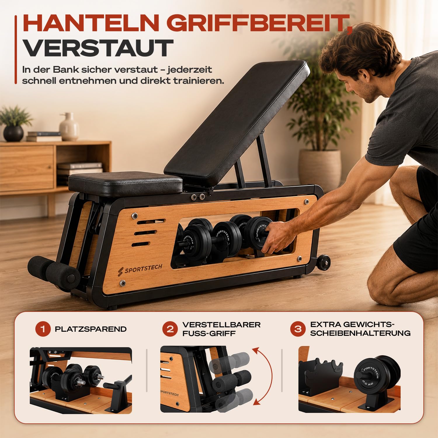 Sportstech Hantelbank Holz für Zuhause, 220 kg belastbar, mit Hantelablage