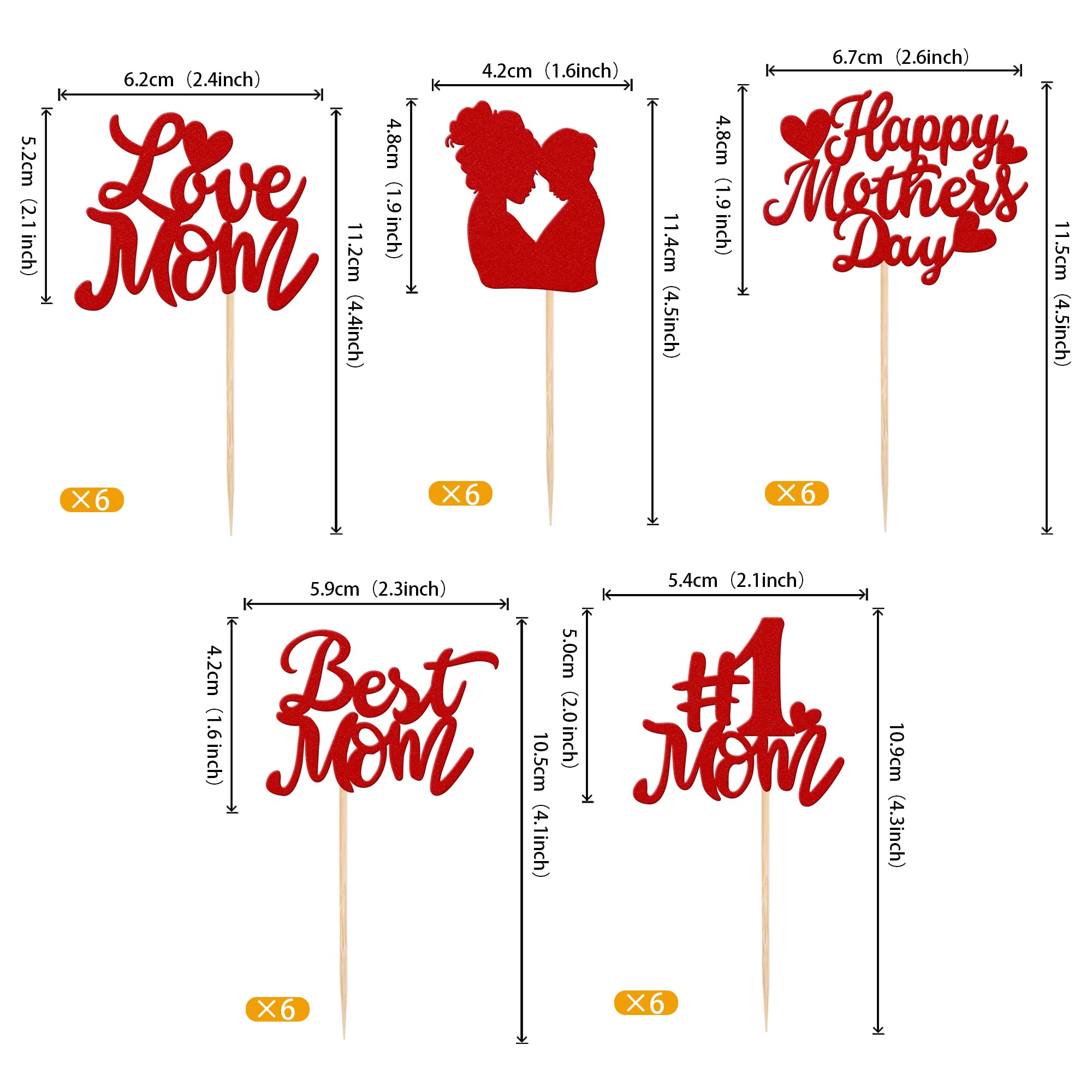 Rsstarxi 30 Pack Happy Mother's Day Cupcake Toppers Best Mom Love Mom Cupcake Picks Happy Mother's Day Cake Decortions for Happy Mother's Day Birthday Party Supplies Red