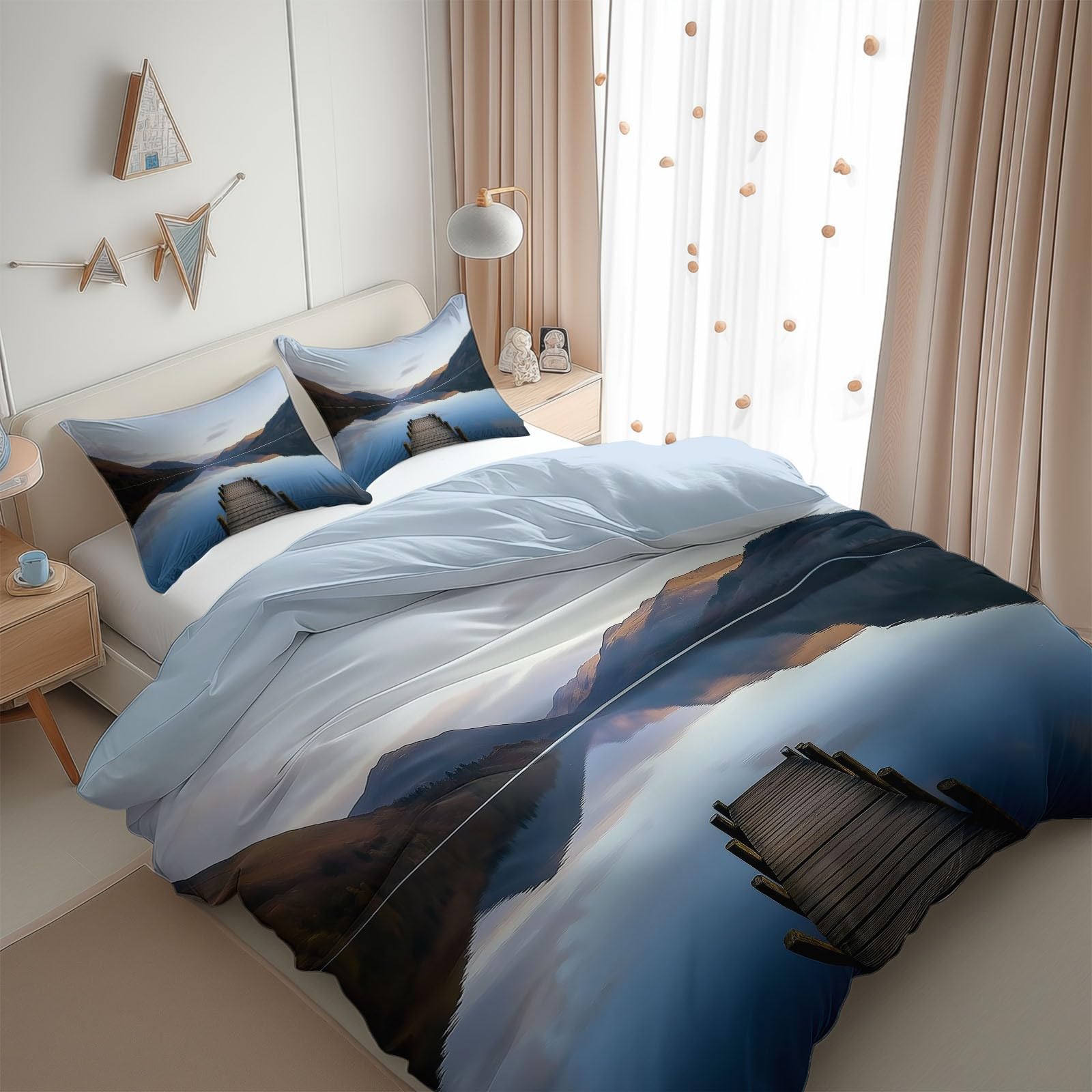 Sky Blue Duvet Cover Twin Size 2 Pieces Scenic Lake Wooden Bridge, Bedding Room Decor Bedspread for Kids Teens, Comforter Quilt Cover Bedding Set with Pillow Sham