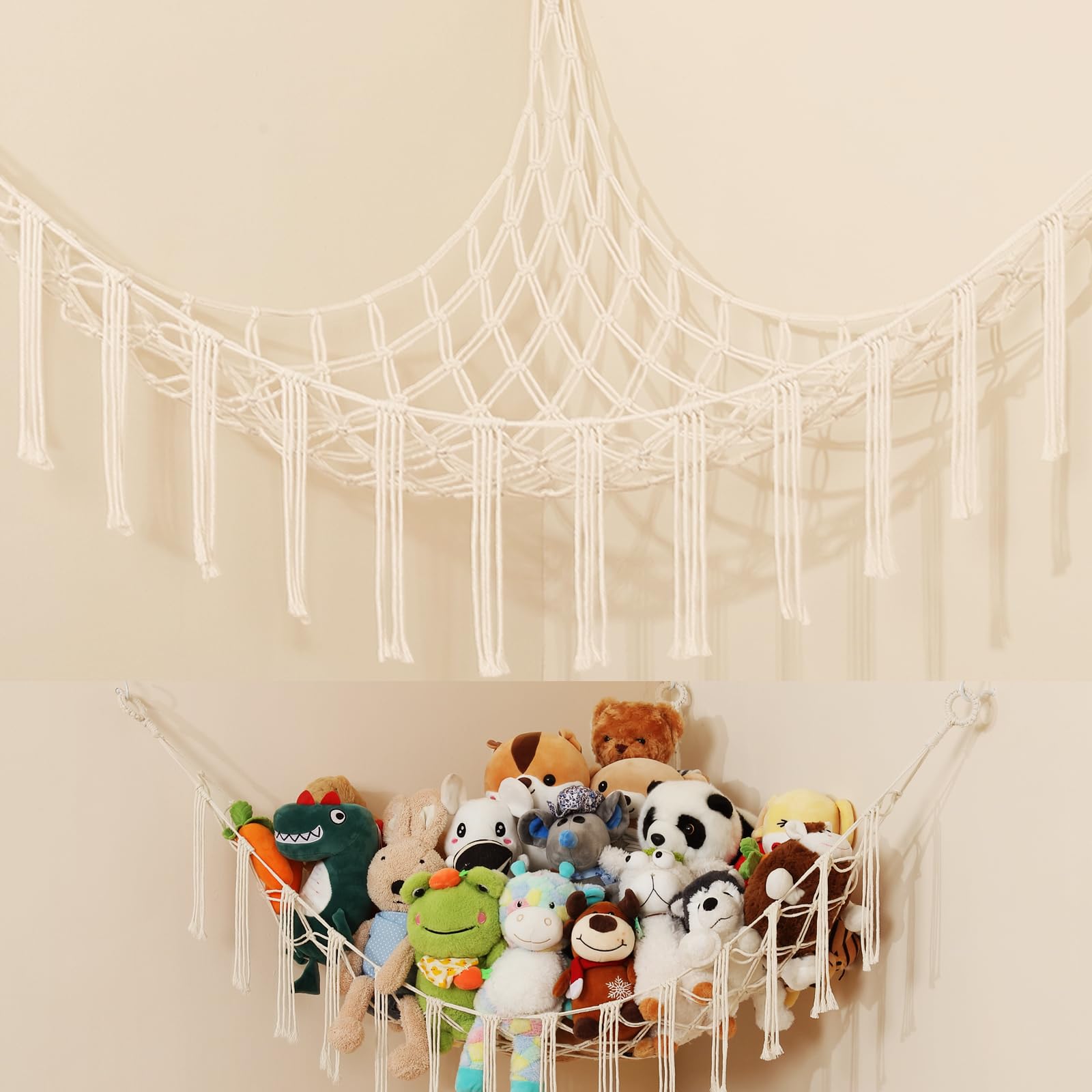 Teddy Hammocks, Corner Toy Storage Net for Stuffed Animals, Boho Style Nursery Hanging Organizer for Kids Bedroom and Playroom, Beige
