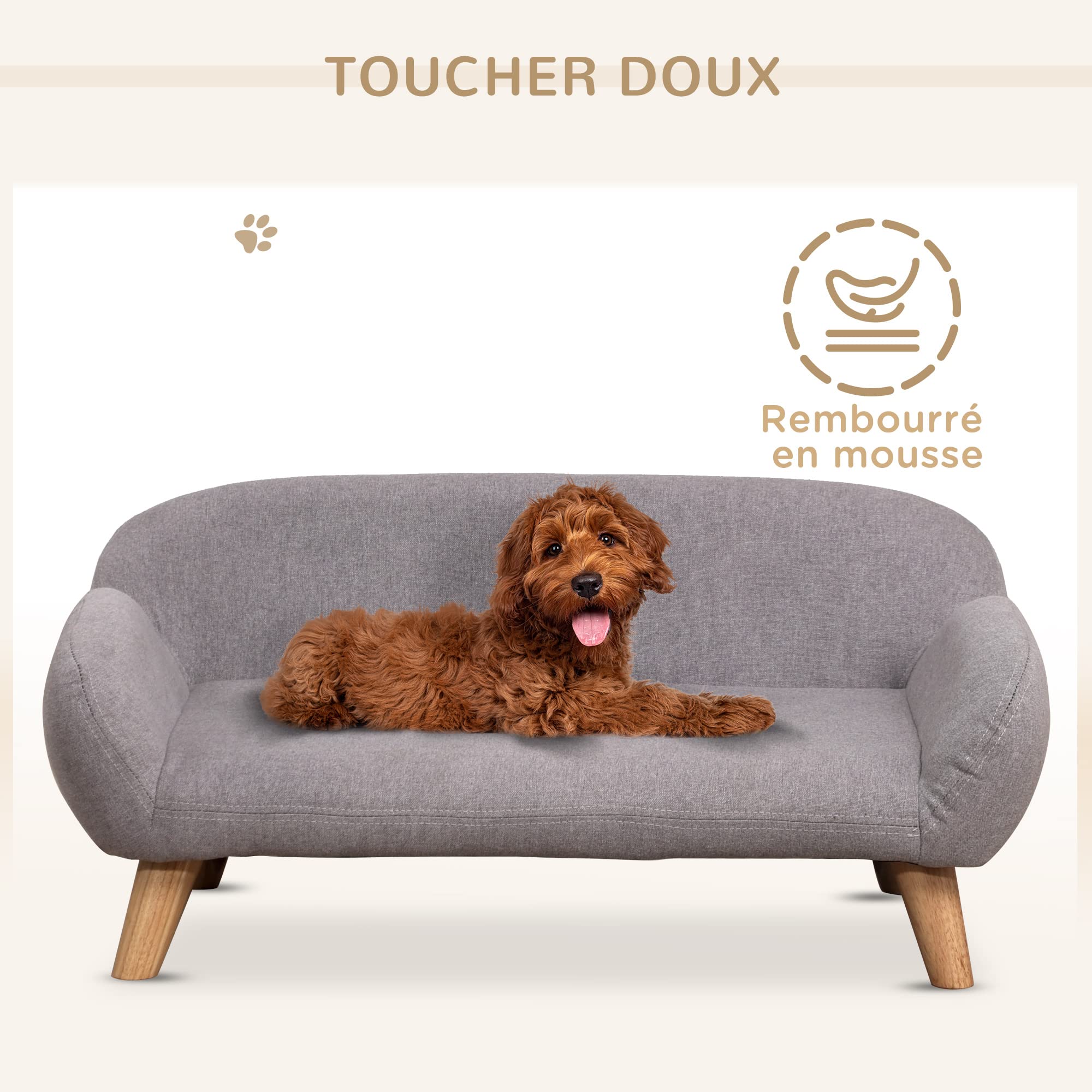 PawHut Canapé pour Chien canapé pour Animal de Compagnie Style scandinave Pieds effilés en Bois revêtement Tissu 72 x 44 x 31 cm - Gris